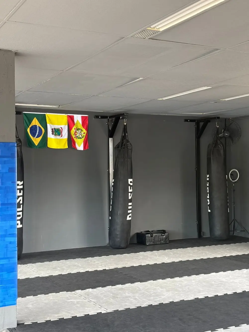 Sala de Muay Thai com sacos de pancada e bandeiras